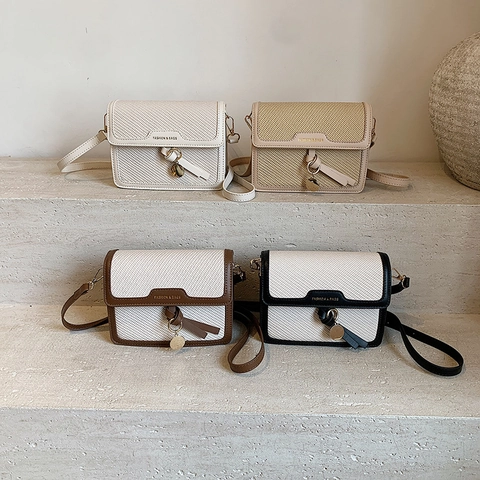 Bolso Bandolera Para Mujer Color En Contraste Cuero PU Textura Tejida Bolso De Hombro Cuadrado Pequeño Estilo Retro Minimalista Moda