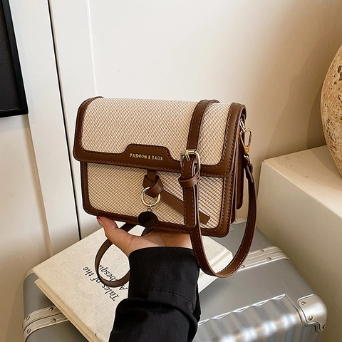 Bolso Bandolera Para Mujer Color En Contraste Cuero PU Textura Tejida Bolso De Hombro Cuadrado Pequeño Estilo Retro Minimalista Moda