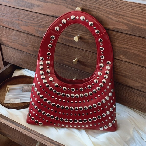 Sac Hobo Vintage À Rivets Pour Femmes Cuir PU Demi-Lune Sac À Bandoulière Sous L'Aisselle Style Punk Mode Y2K