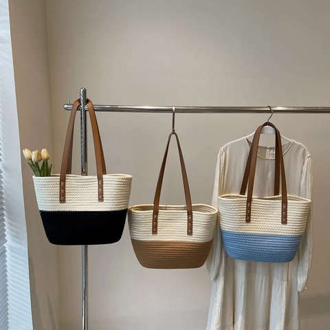Borsa Tote Intrecciata Corda Cotone Blocchi Colore Grande Capacità Estate Vacanze Spiaggia Casual Borsa Spalla Donna