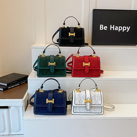 Women Textured Fabric PU Leather Handbag Metal Buckle Flap Shoulder Crossbody Bag Elegant Commuter Street Style