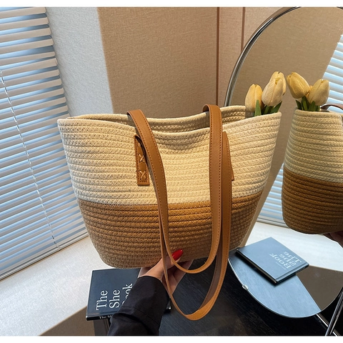 Borsa Tote Intrecciata Corda Cotone Blocchi Colore Grande Capacità Estate Vacanze Spiaggia Casual Borsa Spalla Donna