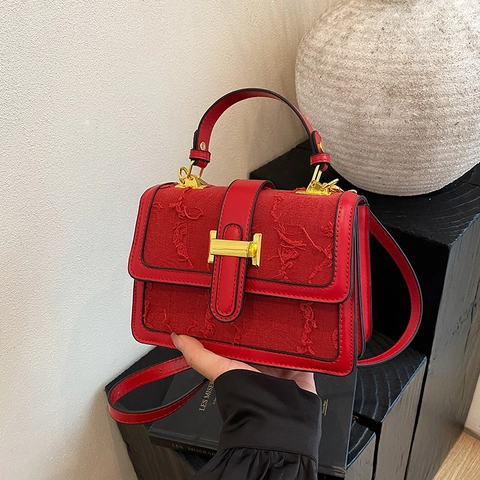 Women Textured Fabric PU Leather Handbag Metal Buckle Flap Shoulder Crossbody Bag Elegant Commuter Street Style