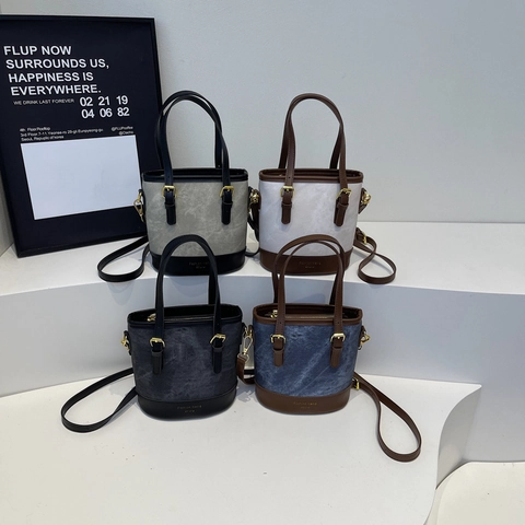 Bolso Bombonera Mujer Cuero PU Lona Denim Color Contraste Hombro Bandolera Bolso De Mano Herrajes Dorados Moda Vintage