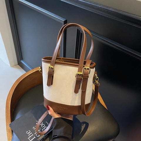 Bolso Bombonera Mujer Cuero PU Lona Denim Color Contraste Hombro Bandolera Bolso De Mano Herrajes Dorados Moda Vintage