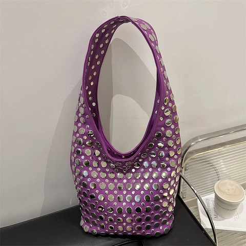 Fashion Hobo Underarm Bag Faux Leather Silver Round Rivet Punk Rock Style Magnetic Closure Shoulder Handbag For Women
