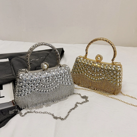 Borsa Da Sera Con Nappine In Strass Chiusura Con Perla Artificial Lusso Manico Tondo In Metallo Borsa A Mano Con Catena Rimovibile Per Nozze