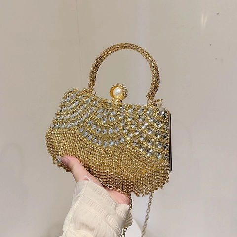 Borsa Da Sera Con Nappine In Strass Chiusura Con Perla Artificial Lusso Manico Tondo In Metallo Borsa A Mano Con Catena Rimovibile Per Nozze