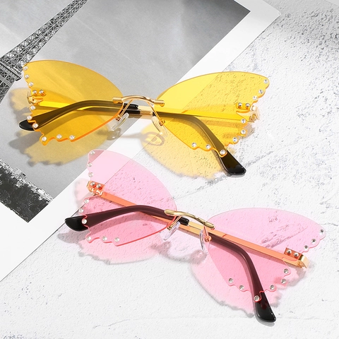 Rimless Butterfly Shaped Sunglasses For Women Fashion Rhinestone Inlaid Metal Frame UV400 Party Festival Trend Eyewear