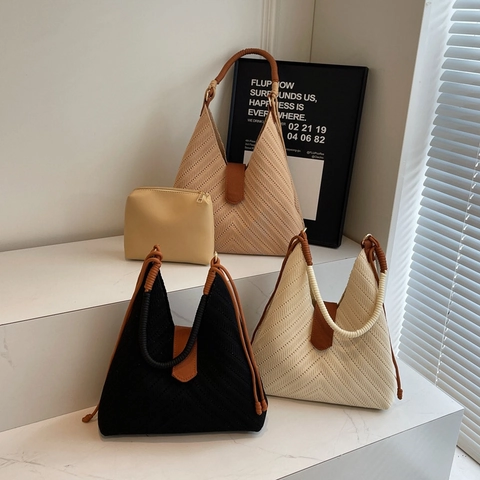 Borsa Tote In Maglia Intrecciata Grande Capacità Motivo Chevron Borsa A Spalla Con Pochette Interna Stile Bohémien