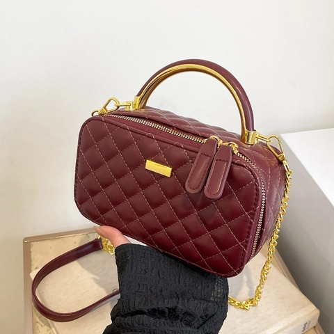 Mini Borsa A Mano In Pelle PU Trapuntata Con Manico In Metallo Dorato Doppia Cerniera Borsa A Tracolla Retro Elegante