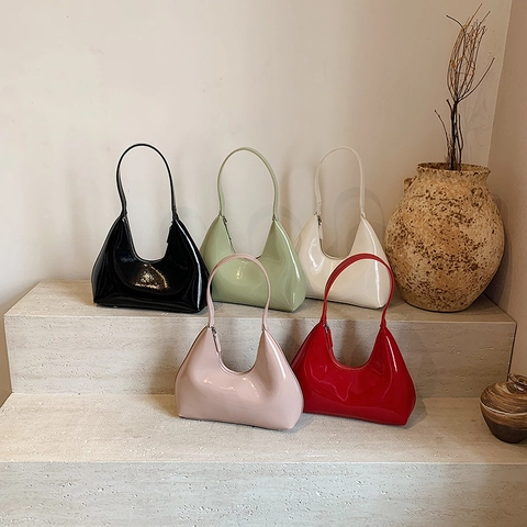 Shiny Patent PU Leather Hobo Underarm Bag Vintage Niche Solid Color Half Moon Shoulder Purse For Women Daily Versatile