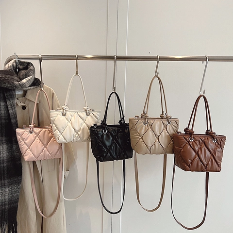 Quilted Puffer Tote Bag PU Leather Rhombic Pattern Knot Handle Shoulder Crossbody Handbag For Women Casual Chic Daily