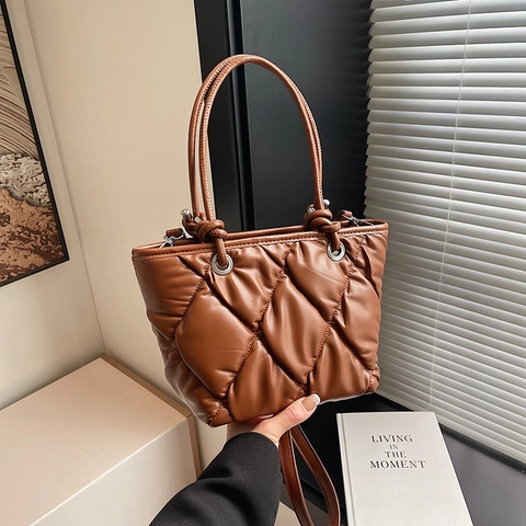 Quilted Puffer Tote Bag PU Leather Rhombic Pattern Knot Handle Shoulder Crossbody Handbag For Women Casual Chic Daily