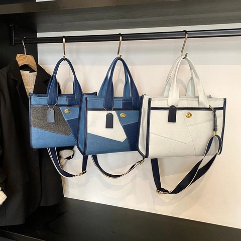 Denim Patchwork Tote Tasche Handtasche Mit Drehverschluss Und Breitem Schultergurt Street Style Für Damen Alltag