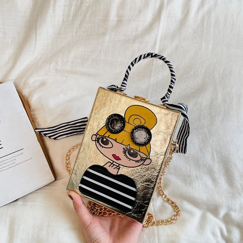 Mode Cartoon Mädchen Print Box Tasche PU Leder Crossbody Handtasche Mit Schal Griff Und Metallkette Für Damen