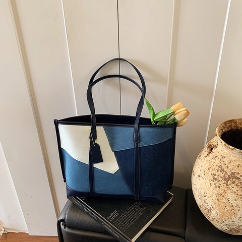 Τσάντα Tote Denim Patchwork Μεγάλη Χωρητικότητα PU Δερμάτινη Διακόσμηση Retro Streetwear Τσάντα Ώμου Για Γυναίκες Καθημερινή