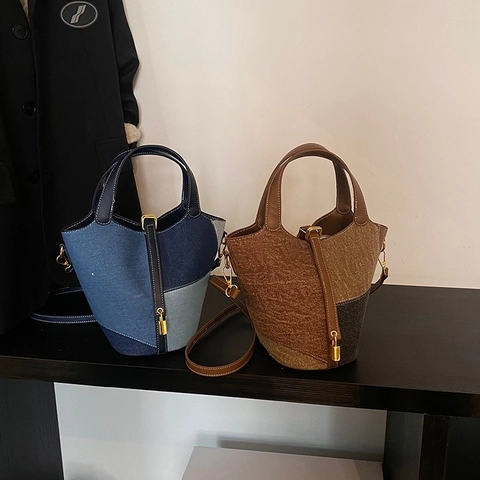 Bolso De Cubo Patchwork Vintage Mujeres Denim Cuero PU Bloque De Color Bolso De Mano Bandolera Retro Asa Superior