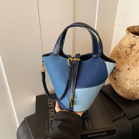 Bolso De Cubo Patchwork Vintage Mujeres Denim Cuero PU Bloque De Color Bolso De Mano Bandolera Retro Asa Superior