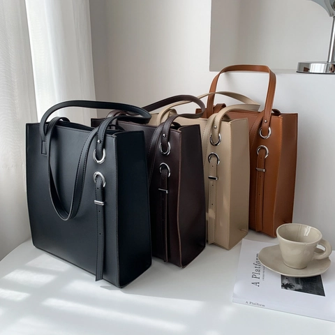 Bolso Tote Para Mujer Cuero PU Gran Capacidad Color Sólido Anillos Metálicos Decorativos Retro Cuadrado Vertical Para Viaje