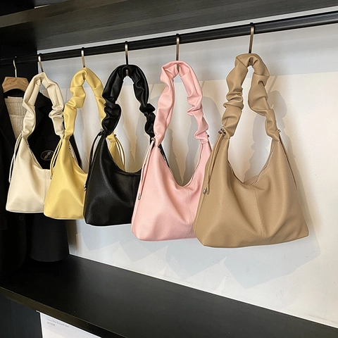 Hobo Bag PU Pebble Leather Ruched Scrunchie Handle Underarm Shoulder Handbag Minimalist Retro Daily Fashion For Women