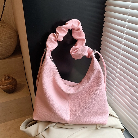 Hobo Bag PU Pebble Leather Ruched Scrunchie Handle Underarm Shoulder Handbag Minimalist Retro Daily Fashion For Women