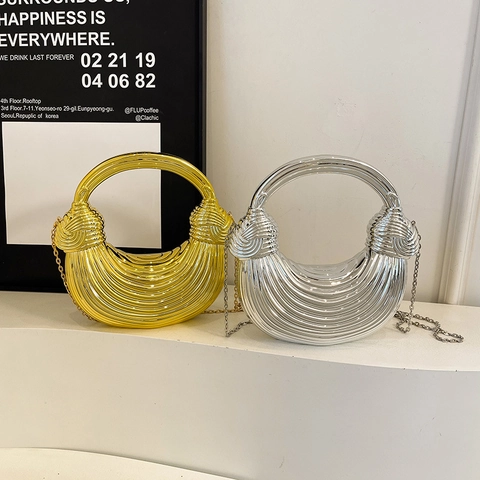 Borsa Da Sera In Acrilico Metallico Mezzaluna Trama A Coste Manico A Nodo Catena Rimovibile Per Donna