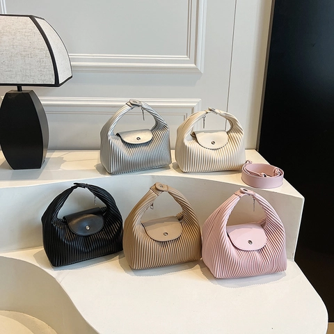 Pleated PU Leather Handbag Women Niche Vertical Stripe Shoulder Bag Crossbody With Magnetic Flap
