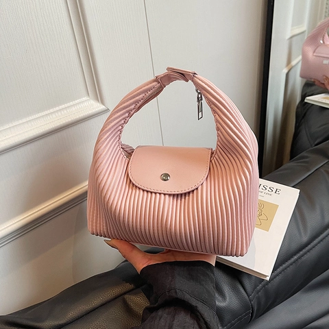 Pleated PU Leather Handbag Women Niche Vertical Stripe Shoulder Bag Crossbody With Magnetic Flap