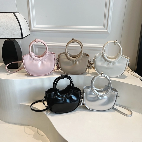 Women Mini Crescent Handbag PU Leather Moon Bag With Circular Handle And Detachable Shoulder Strap Minimalist Niche Design