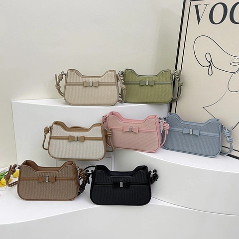 Crossbody Bag Women Woven PU Leather Bowknot Contrast Color Zipper Retro Shoulder Underarm Handbag Small Square Casual