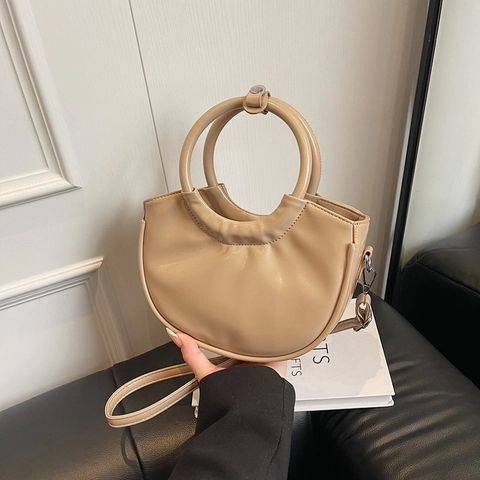 Women Mini Crescent Handbag PU Leather Moon Bag With Circular Handle And Detachable Shoulder Strap Minimalist Niche Design