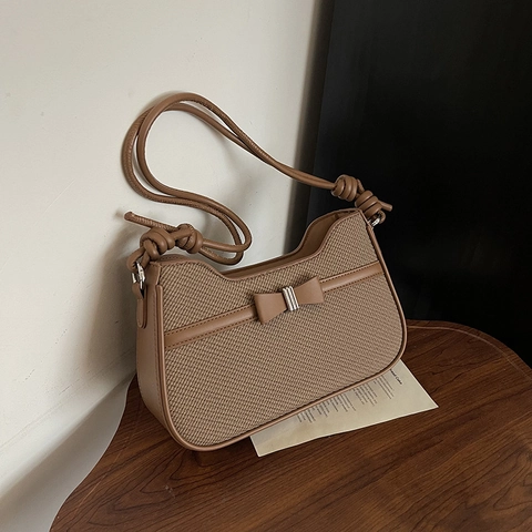Borsa A Spalla Sottobraccio Donna Pelle PU Trama Intrecciata Decoro Fiocco Tracolla Con Nodo Versatile Pendolare