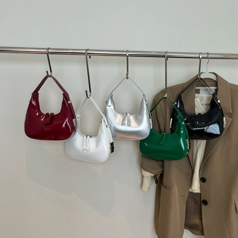 Women Patent PU Leather Hobo Bag Crescent Underarm Bag Double Zipper Minimalist Trendy Shoulder Bag Niche