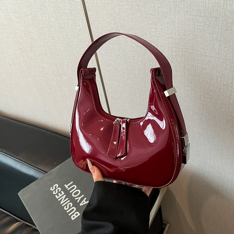 Women Patent PU Leather Hobo Bag Crescent Underarm Bag Double Zipper Minimalist Trendy Shoulder Bag Niche