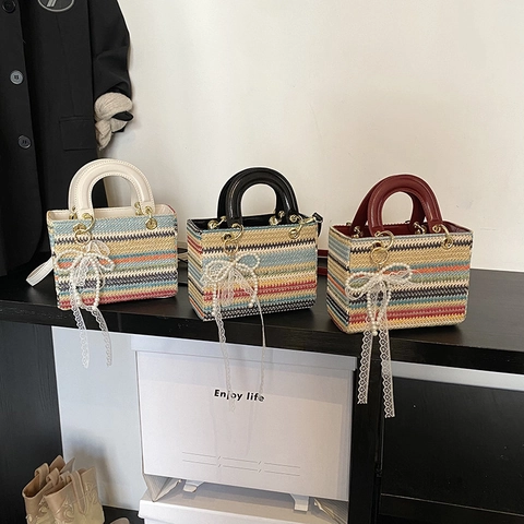 Bunte Gewebte Mini Handtasche Damen Gestreifte Stroh Umhängetasche Mit PU Leder Griff Künstliche Perle Spitze Bogen Charme
