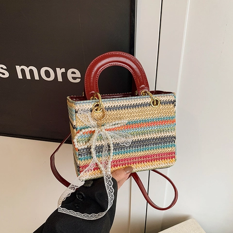 Bunte Gewebte Mini Handtasche Damen Gestreifte Stroh Umhängetasche Mit PU Leder Griff Künstliche Perle Spitze Bogen Charme