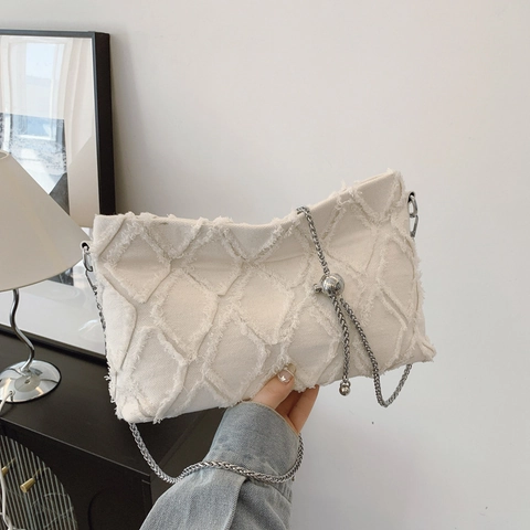 Dames Denim Schoudertas Gerafeld Diamant Quilted Onderarmtas Casual Street Style Verstelbare Kettingriem