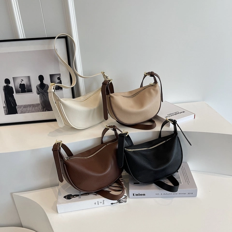 Damen Minimalistische Halbmond Hobo Tasche PU Leder Litchi Narbe Verstellbarer Riemen Schulter Umhängetasche Französischer Stil