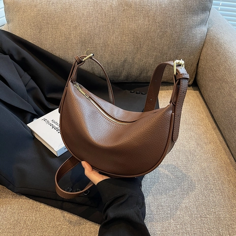 Damen Minimalistische Halbmond Hobo Tasche PU Leder Litchi Narbe Verstellbarer Riemen Schulter Umhängetasche Französischer Stil