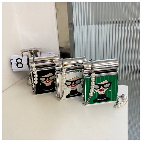 Women Shoulder Crossbody Bag PU Leather Metal Box Shape Cartoon Print Fashion Streetwear With Artificial Pearl Chain Strap