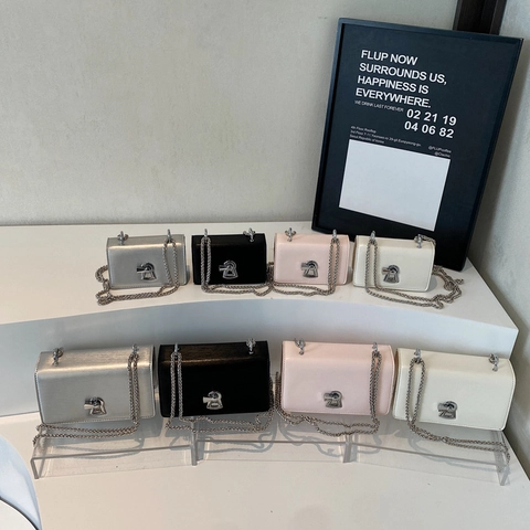 Simple PU Leather Crossbody Bag With Metal Chain And Lock Buckle Small Square Shoulder Bag For Women