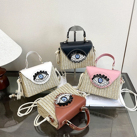 Bolso De Mano De Paja Tejida Evil Eye Solapa De Cuero PU Bolso De Hombro Cruzado Bohemio Vacaciones Mujer Perla Artificial Diamantes