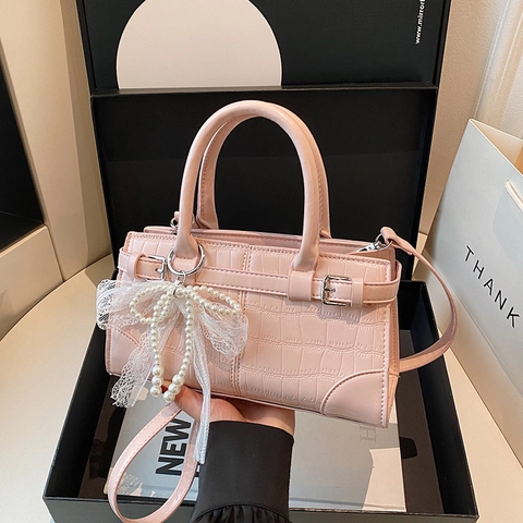 Bolso De Mano De Cuero PU Con Estampado De Cocodrilo Y Colgante De Lazo De Perlas Artificiales Bolso De Hombro Para Mujer