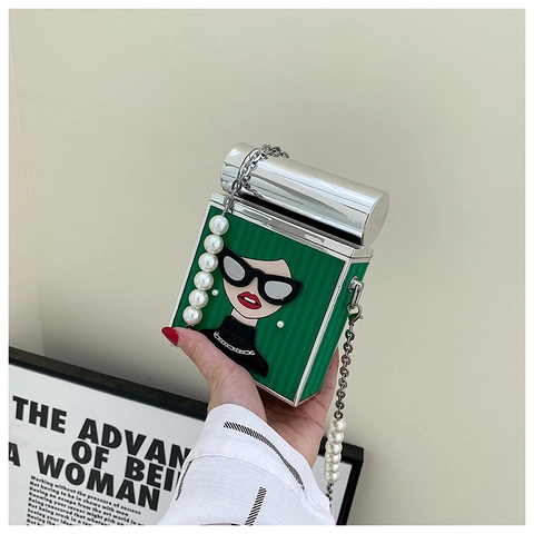 Women Shoulder Crossbody Bag PU Leather Metal Box Shape Cartoon Print Fashion Streetwear With Artificial Pearl Chain Strap
