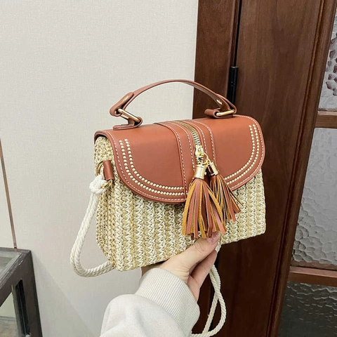 Damen Stroh Gewebte Tasche Mit PU Leder Spleißen Quaste Dekor Baumwollseil Schulterriemen Bohemian Urlaub Handtasche