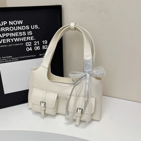 Borsa A Spalla Sottobraccio Da Donna In Pelle PU Con Fiocco In Pizzo Doppie Tasche Anteriori Stile Coreano Y2K Borsa Baguette