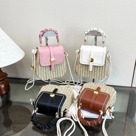 Damen Stroh Gewebte Umhängetasche Leder Patchwork Geraffter Griff Crossbody Tasche Bohemian Urlaub Französische Tasche