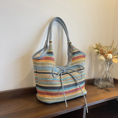 Stroh Gewebte Tragetasche Damen Große Kapazität Schleife Sommer Strand Urlaub Lässige Hobo Handtasche Für Den Alltag
