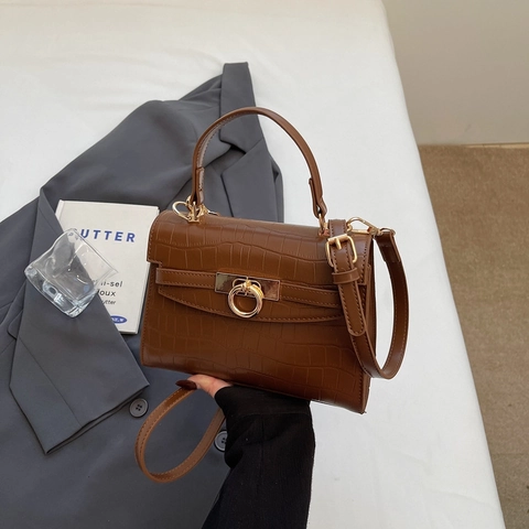 Sac À Main En Cuir PU Gaufré Crocodile Pour Femmes Boucle Anneau Doré Bandoulière Réglable Sac À Bandoulière Versatile